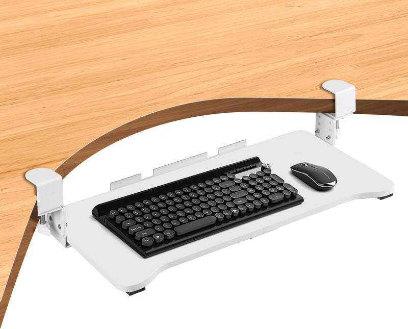 VUSIGN Keyboard Tray Under Desk Height Adjustable,Pull Out with Adjustable C Clamp Mount System for L-Shaped Tables, Extra Sturdy, 26.4” x 11.8” Slide-Out Platform Computer Drawer for Typing,White - Image 1